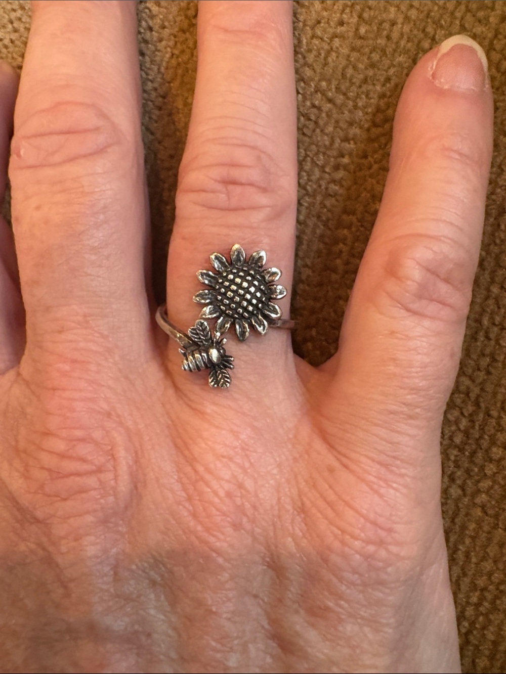Sunflower and Bee Adjustable Silver color Ring - Women's Jewelry